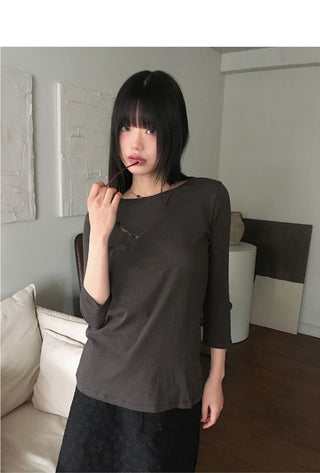 Toode Basic Plain Layered Cotton Round 3/4 Sleeve T-Shirt