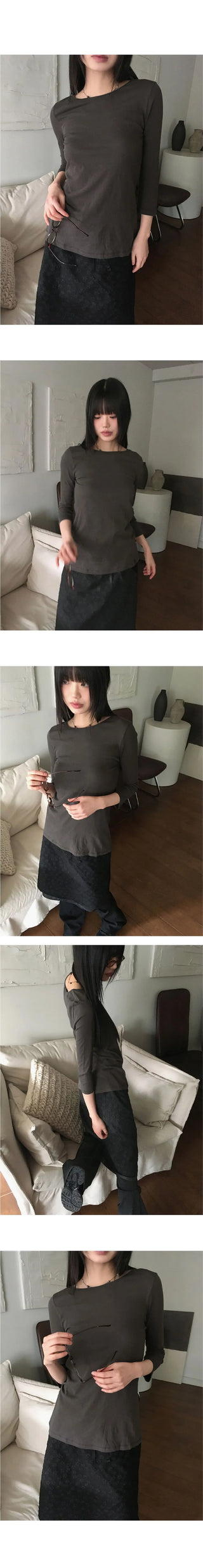 Toode Basic Plain Layered Cotton Round 3/4 Sleeve T-Shirt