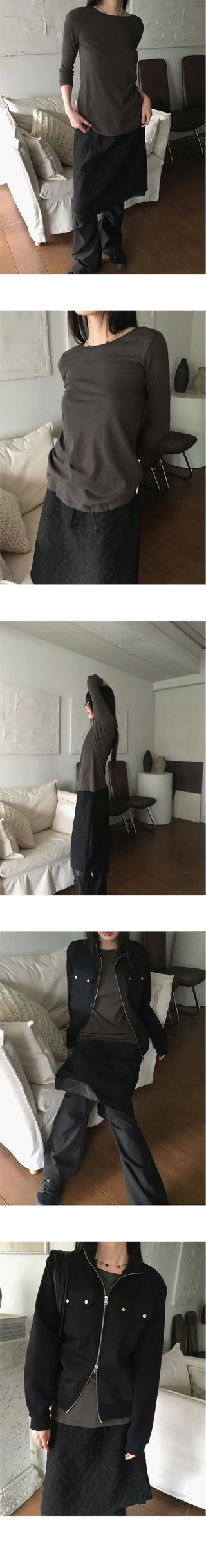 Toode Basic Plain Layered Cotton Round 3/4 Sleeve T-Shirt