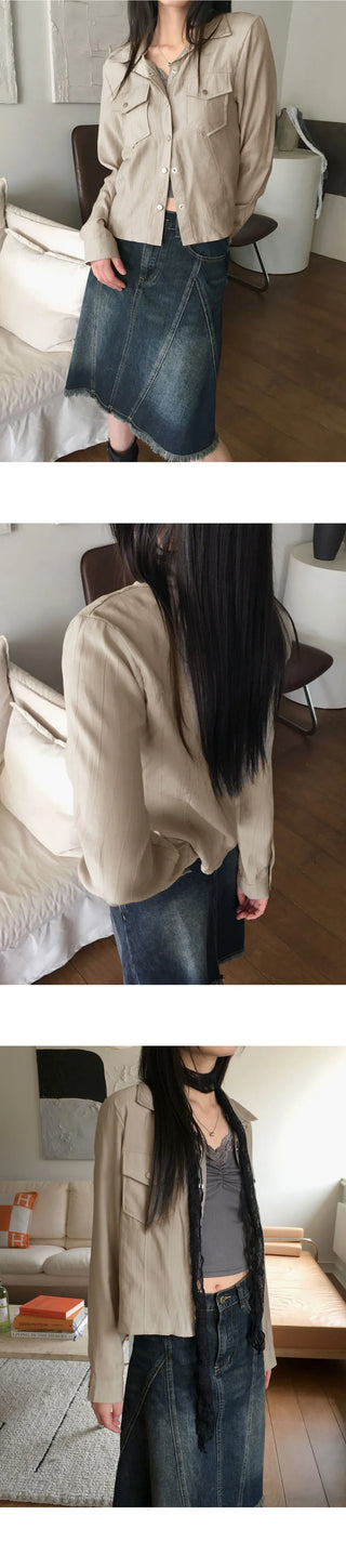 Lipe Vintage Pleated Pocket Collar Semi Cropped Long Sleeve Shirt