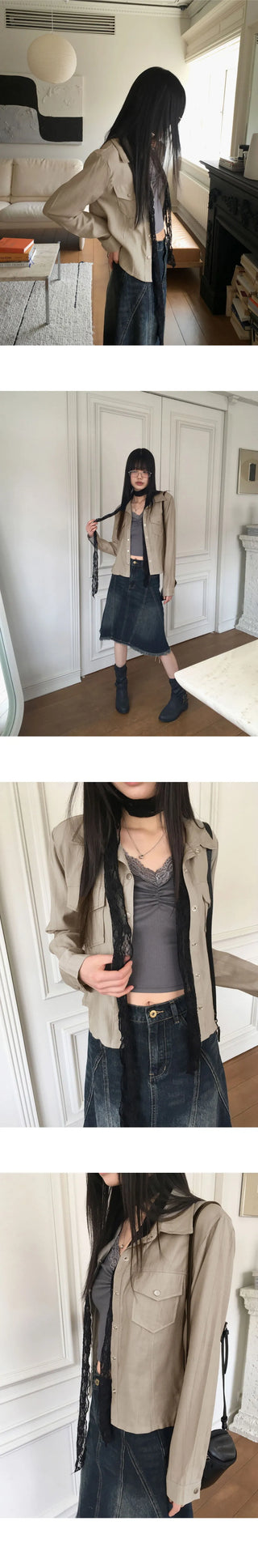 Lipe Vintage Pleated Pocket Collar Semi Cropped Long Sleeve Shirt