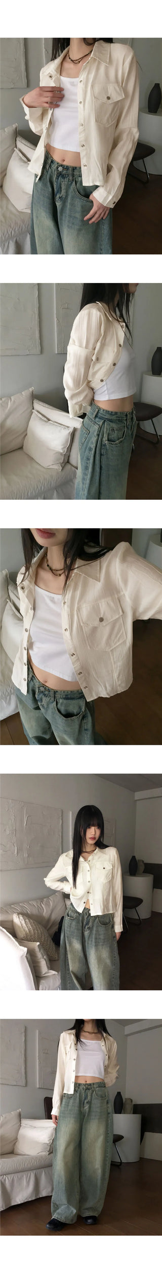 Lipe Vintage Pleated Pocket Collar Semi Cropped Long Sleeve Shirt