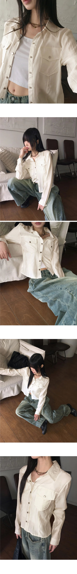 Lipe Vintage Pleated Pocket Collar Semi Cropped Long Sleeve Shirt