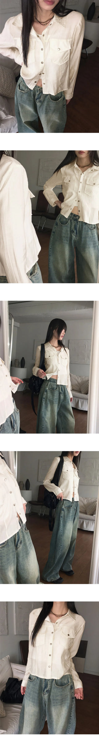 Lipe Vintage Pleated Pocket Collar Semi Cropped Long Sleeve Shirt