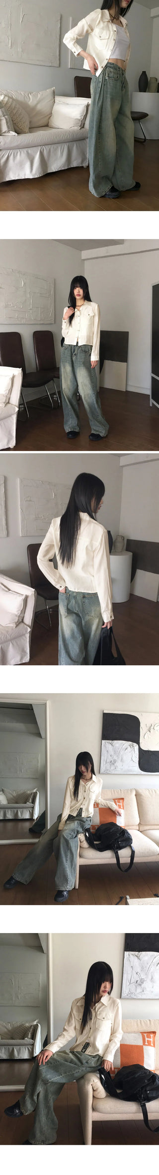 Lipe Vintage Pleated Pocket Collar Semi Cropped Long Sleeve Shirt