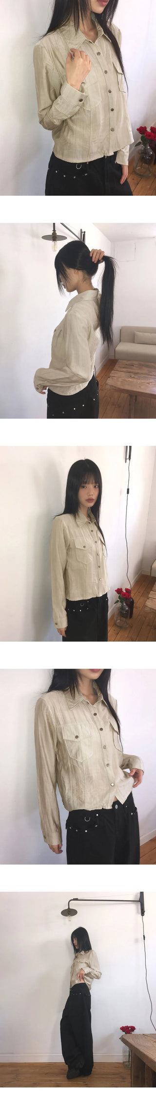 Lipe Vintage Pleated Pocket Collar Semi Cropped Long Sleeve Shirt