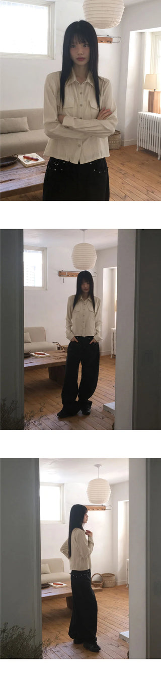 Lipe Vintage Pleated Pocket Collar Semi Cropped Long Sleeve Shirt