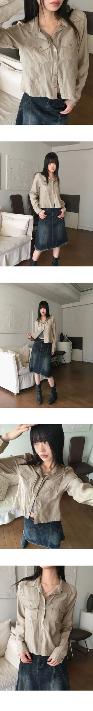 Lipe Vintage Pleated Pocket Collar Semi Cropped Long Sleeve Shirt