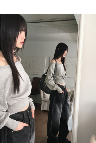Haidin off-shoulder slit crop long sleeve Sweatshirt