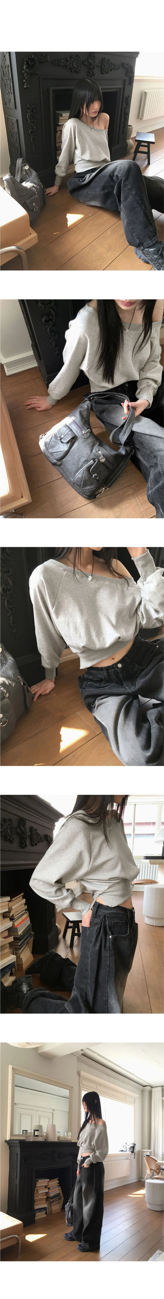 Haidin off-shoulder slit crop long sleeve Sweatshirt