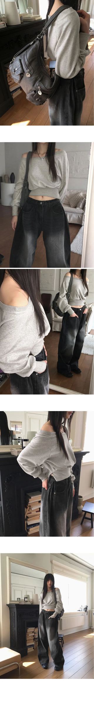 Haidin off-shoulder slit crop long sleeve Sweatshirt