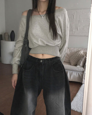 Haidin off-shoulder slit crop long sleeve Sweatshirt