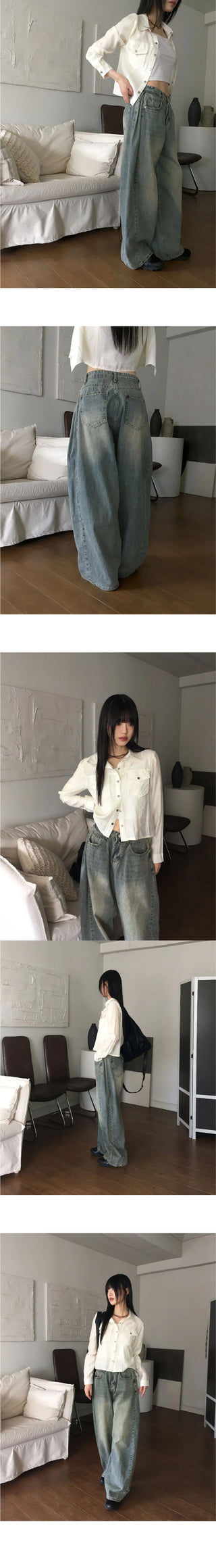 Key lip side pin tuck balloon fit vintage Faded long wide denim pants