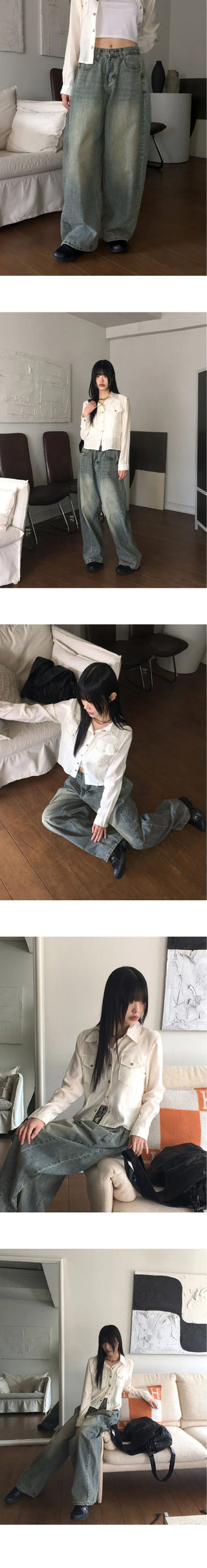 Key lip side pin tuck balloon fit vintage Faded long wide denim pants