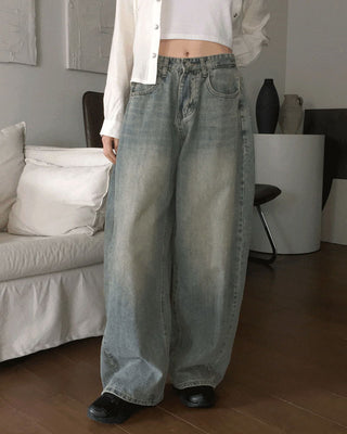 Key lip side pin tuck balloon fit vintage Faded long wide denim pants