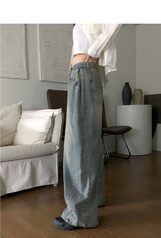 Key lip side pin tuck balloon fit vintage Faded long wide denim pants