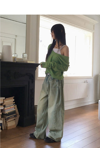 Key lip side pin tuck balloon fit vintage Faded long wide denim pants