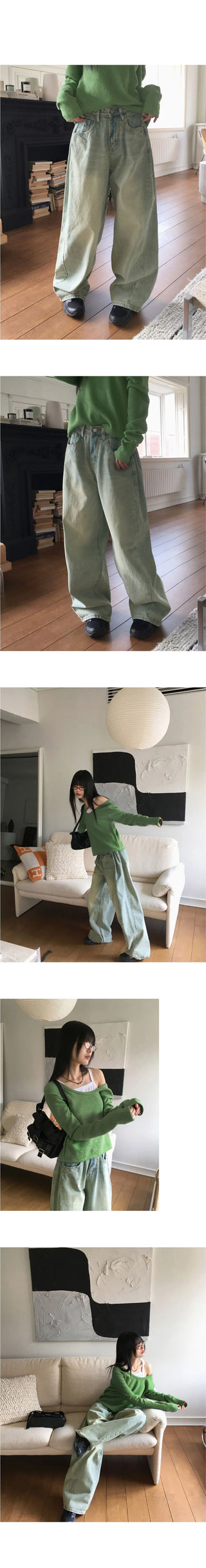 Key lip side pin tuck balloon fit vintage Faded long wide denim pants