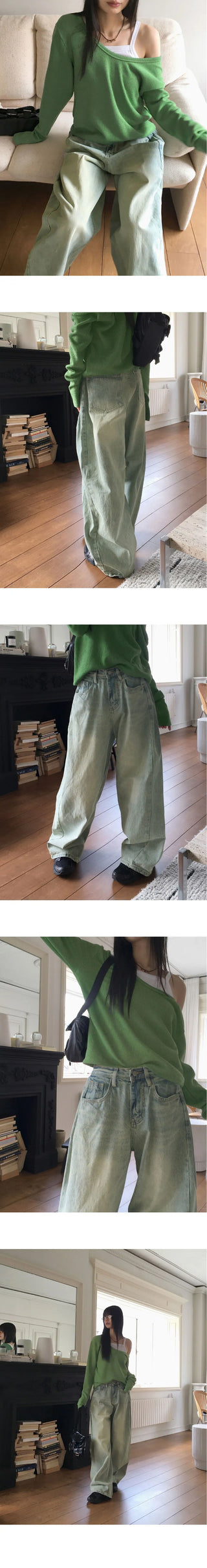 Key lip side pin tuck balloon fit vintage Faded long wide denim pants