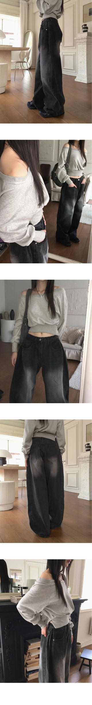 Key lip side pin tuck balloon fit vintage Faded long wide denim pants