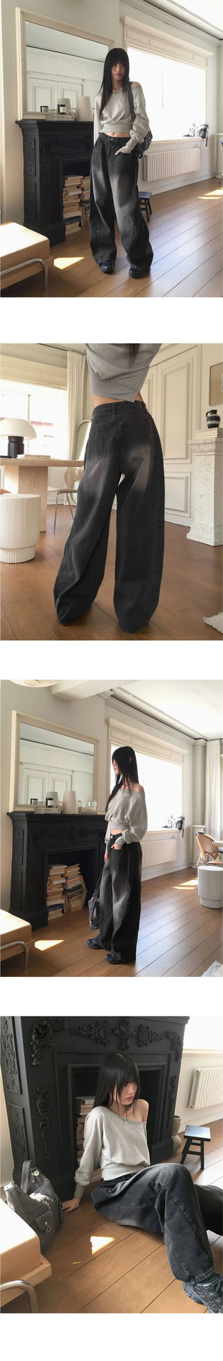 Key lip side pin tuck balloon fit vintage Faded long wide denim pants