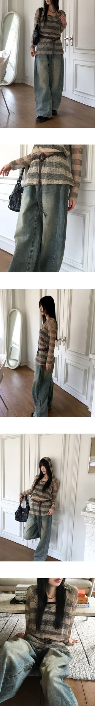 Key lip side pin tuck balloon fit vintage Faded long wide denim pants