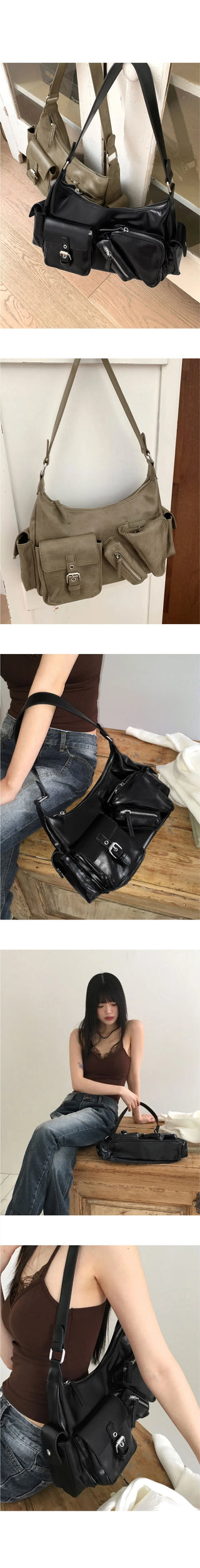 Lanew diagonal zipper pocket leather shoulder bag