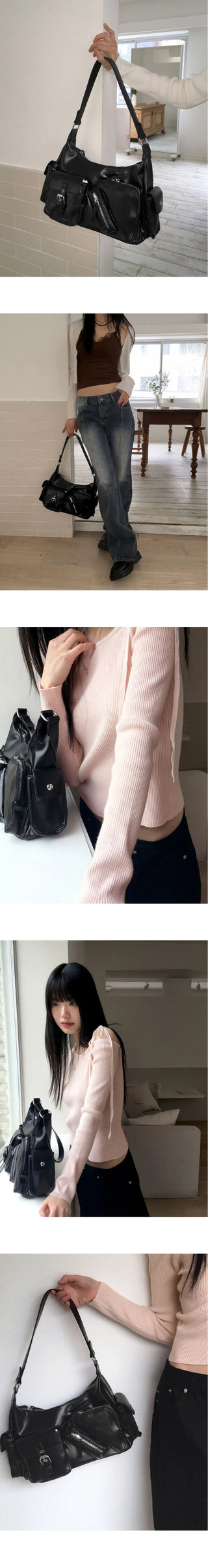 Lanew diagonal zipper pocket leather shoulder bag