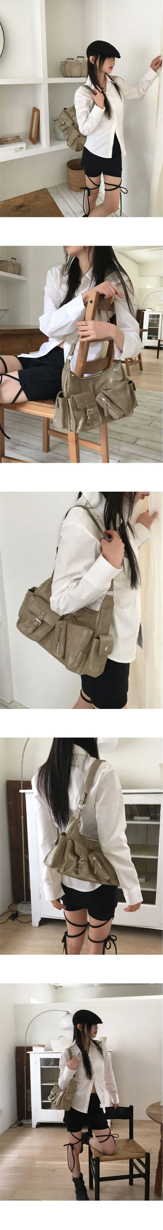 Lanew diagonal zipper pocket leather shoulder bag