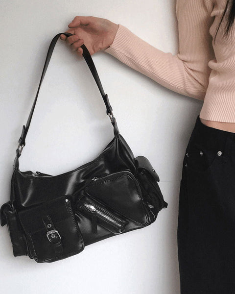 Lanew diagonal zipper pocket leather shoulder bag