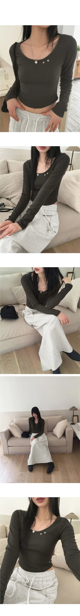 Shute eyelet Split U-neck rolled crop long sleeve t-shirt