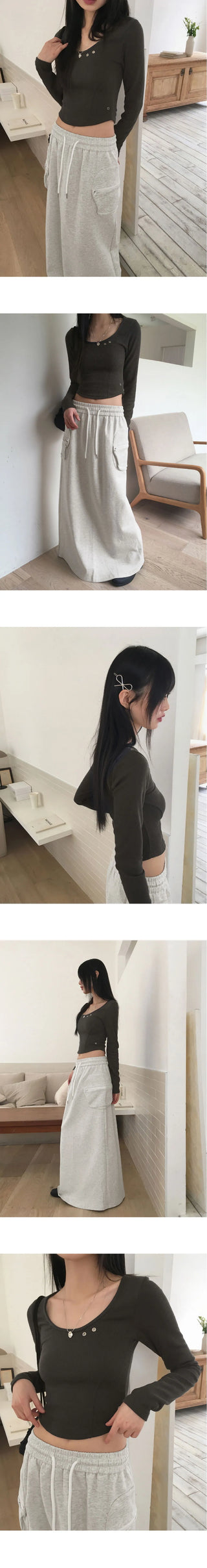 Shute eyelet Split U-neck rolled crop long sleeve t-shirt