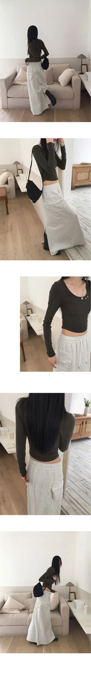 Shute eyelet Split U-neck rolled crop long sleeve t-shirt