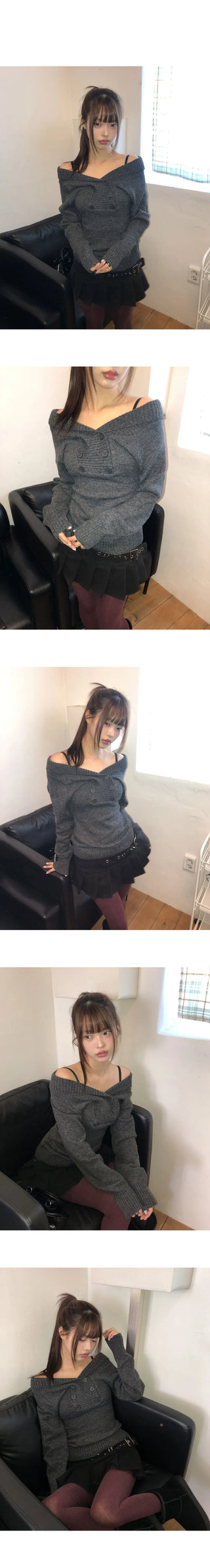 Oin Double Button Off-Shoulder Knitwear