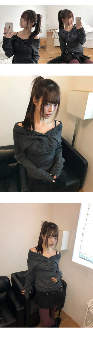 Oin Double Button Off-Shoulder Knitwear
