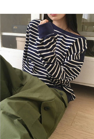 Ohne color combination striped plain Loose-fit fit off shoulder Sweatshirt