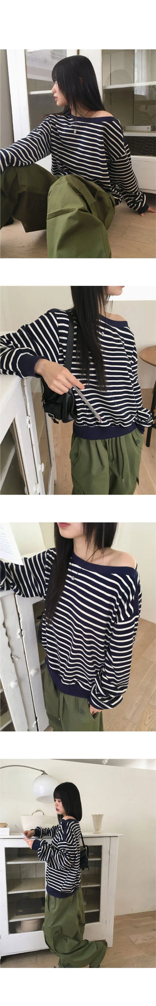 Ohne color combination striped plain Loose-fit fit off shoulder Sweatshirt