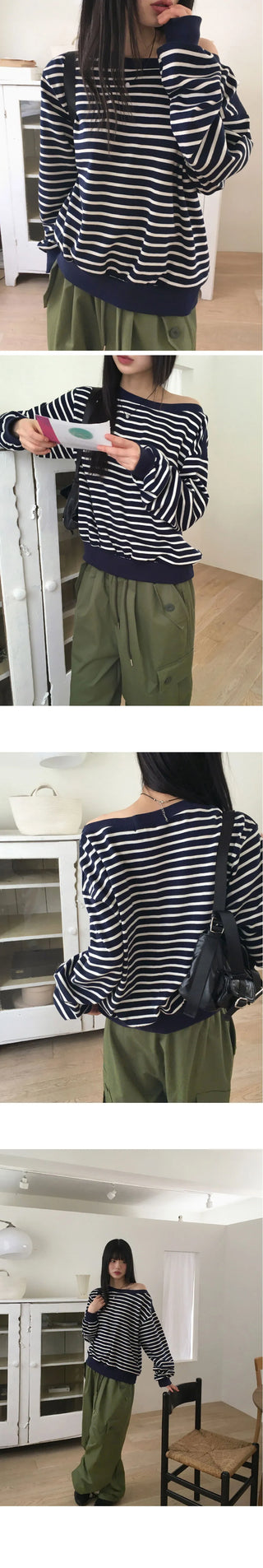 Ohne color combination striped plain Loose-fit fit off shoulder Sweatshirt