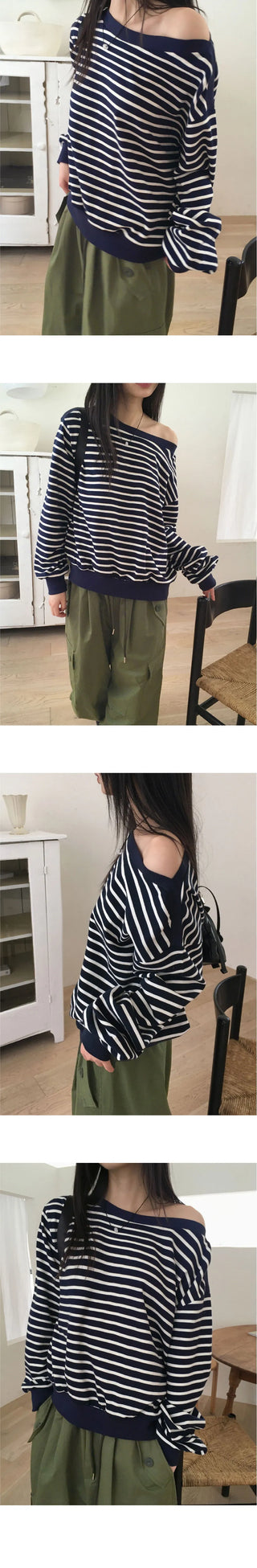 Ohne color combination striped plain Loose-fit fit off shoulder Sweatshirt
