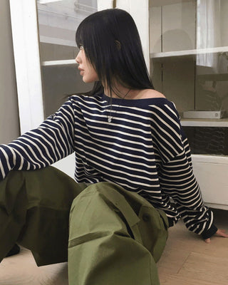 Ohne color combination striped plain Loose-fit fit off shoulder Sweatshirt