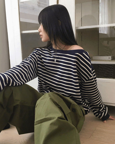 Ohne color combination striped plain Loose-fit fit off shoulder Sweatshirt