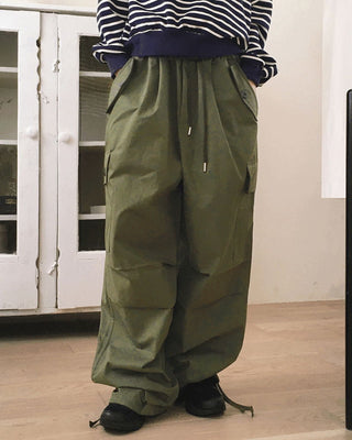 Zler Y2K Cargo Ribbon Two-Way Banding Cotton Long Jogger Wide Pants