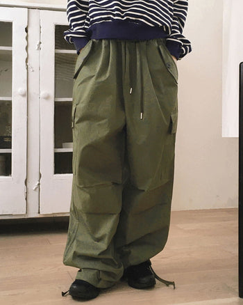 Zler Y2K Cargo Ribbon Two-Way Banding Cotton Long Jogger Wide Pants
