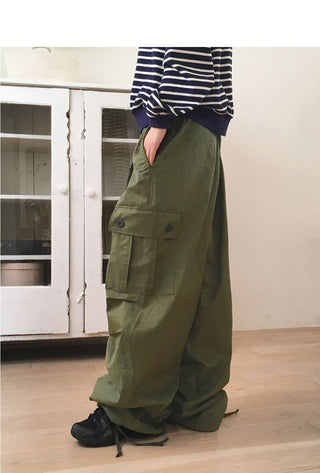 Zler Y2K Cargo Ribbon Two-Way Banding Cotton Long Jogger Wide Pants