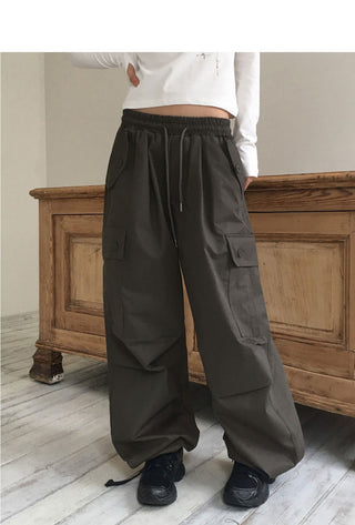 Zler Y2K Cargo Ribbon Two-Way Banding Cotton Long Jogger Wide Pants