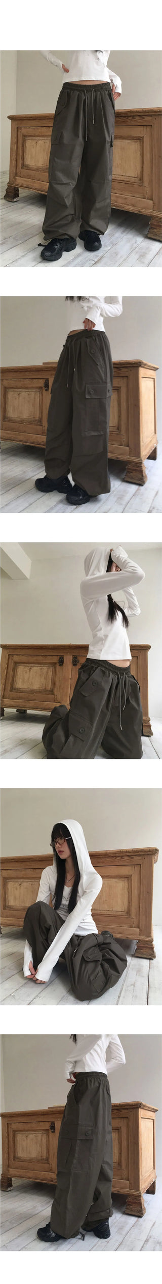 Zler Y2K Cargo Ribbon Two-Way Banding Cotton Long Jogger Wide Pants