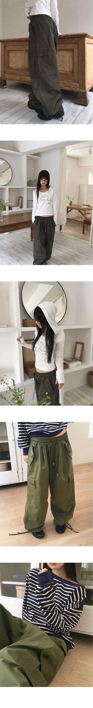 Zler Y2K Cargo Ribbon Two-Way Banding Cotton Long Jogger Wide Pants