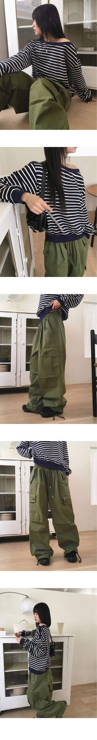 Zler Y2K Cargo Ribbon Two-Way Banding Cotton Long Jogger Wide Pants