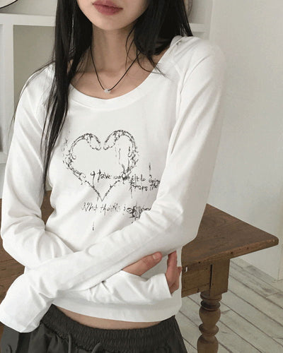 Tasha Heart Print Warm Deep Unneck Slim Long Sleeve Hooded Sweatshirt