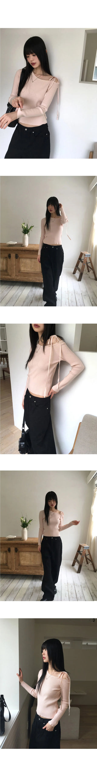 Minu Ribbon Strap One Shoulder Ribbed Knitwear